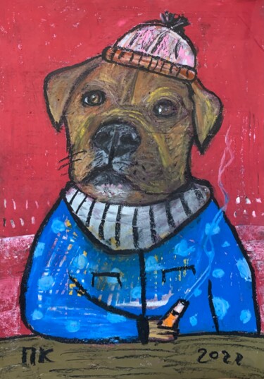 Dessin intitulée "Smoking dog #73" par Pavel Kuragin, Œuvre d'art originale, Pastel