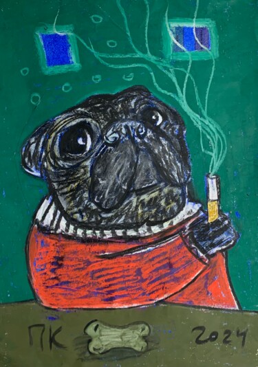 Dibujo titulada "Smoking pug #8" por Pavel Kuragin, Obra de arte original, Pastel