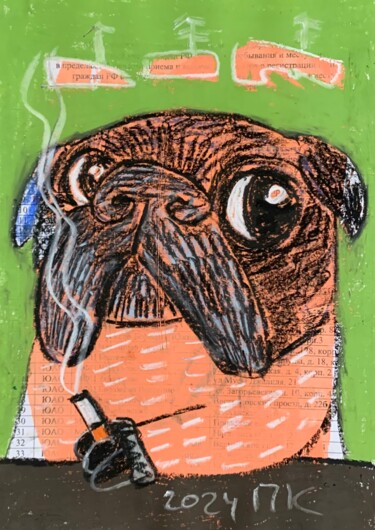 Zeichnungen mit dem Titel "Smoking pug #9" von Pavel Kuragin, Original-Kunstwerk, Pastell