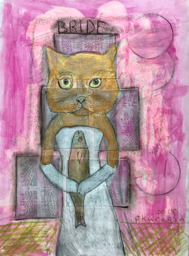 Рисунок под названием "Yellow cat bride" - Pavel Kuragin, Подлинное произведение искусства, Акварель