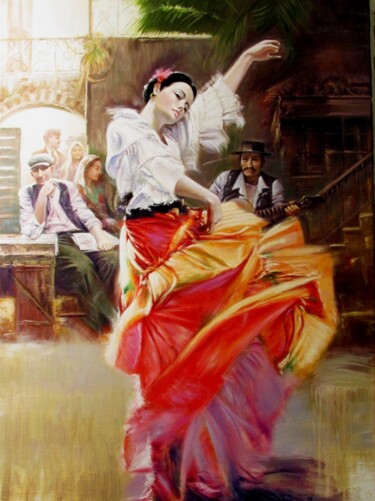 Malerei mit dem Titel "Flamenko in red" von Pavel Moskalenko, Original-Kunstwerk, Öl