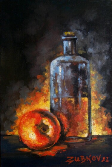 Painting titled "Night Fire" by Pavel Zubkov, Original Artwork, Oil Mounted on Wood Stretcher frame