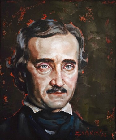 Painting titled "Edgar Allan Poe por…" by Pavel Zubkov, Original Artwork, Oil Mounted on Wood Stretcher frame