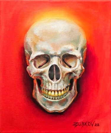 Pintura intitulada "Skull on Red" por Pavel Zubkov, Obras de arte originais, Óleo Montado em Armação em madeira