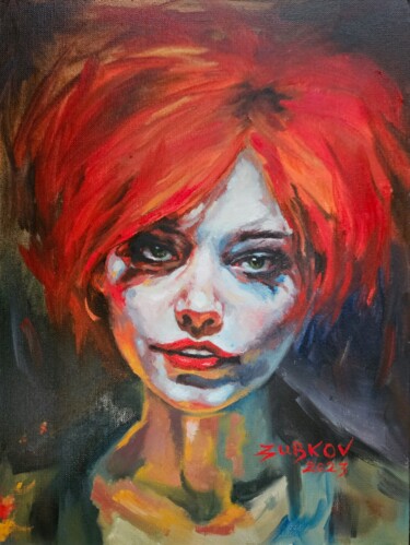 Painting titled "Red Head / Clown ma…" by Pavel Zubkov, Original Artwork, Oil