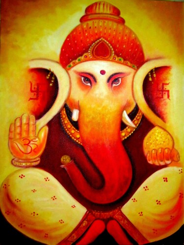 Malerei mit dem Titel "Lord Ganesha (yello…" von Pawan Kumar Tank, Original-Kunstwerk, Öl