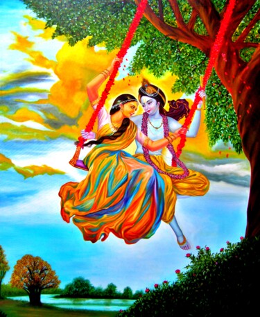 Malarstwo zatytułowany „Radha & Krishna” autorstwa Pawan Kumar Tank, Oryginalna praca, Olej