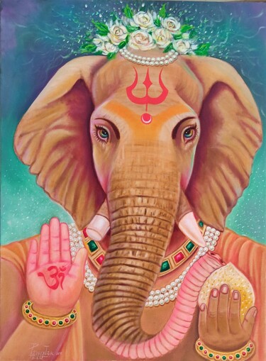 Pittura intitolato "Ganesha" da Pawan Kumar Tank, Opera d'arte originale, Olio