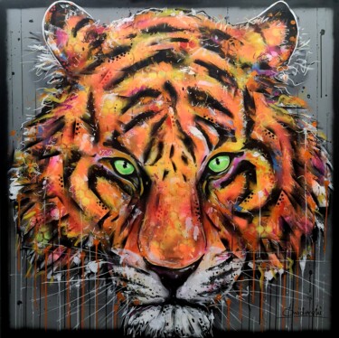 Painting titled "Tiger" by Paweł Świderski, Original Artwork, Acrylic Mounted on Wood Stretcher frame