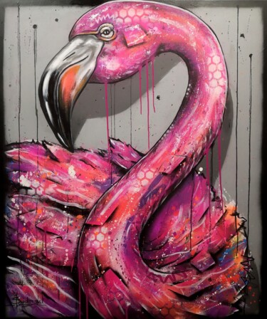 Malarstwo zatytułowany „Flamingo dance” autorstwa Paweł Świderski, Oryginalna praca, Akryl Zamontowany na Drewniana rama nos…