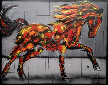 Malarstwo zatytułowany „Fire horse” autorstwa Paweł Świderski, Oryginalna praca, Akryl Zamontowany na Drewniana rama noszy