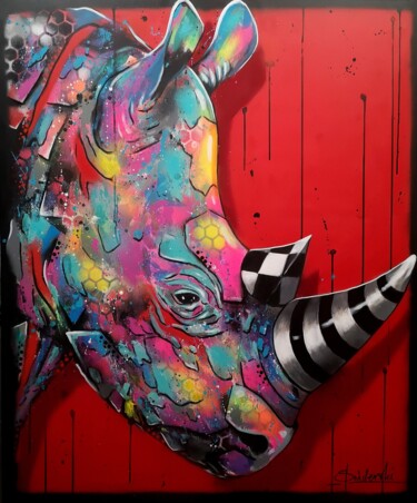 Malarstwo zatytułowany „My rhino” autorstwa Paweł Świderski, Oryginalna praca, Akryl Zamontowany na Drewniana rama noszy