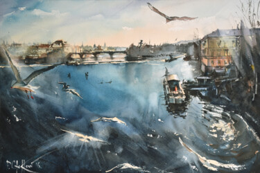 Malarstwo zatytułowany „Gulls Over the Vlta…” autorstwa Pawel Gladkow, Oryginalna praca, Akwarela