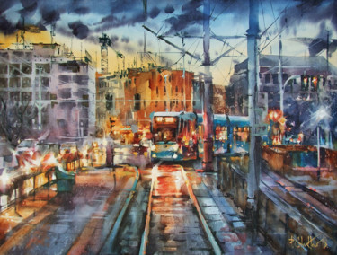 Painting titled "Evening Tram" by Pawel Gladkow, Original Artwork, Watercolor