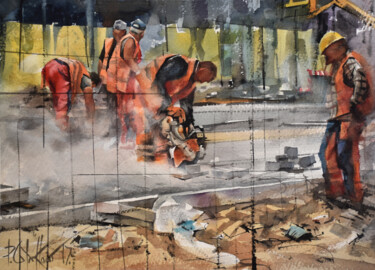 Robotnicy Na Ulicy Pintura intitulada "Robotnicy Na Ulicy" por Pawel Gladkow, Obras de arte originais, Aquarela