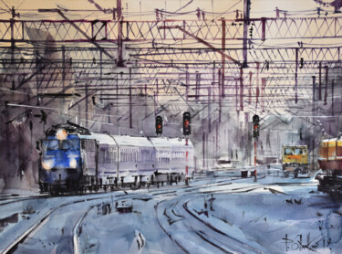Schilderij getiteld "Winter Rail III" door Pawel Gladkow, Origineel Kunstwerk, Aquarel