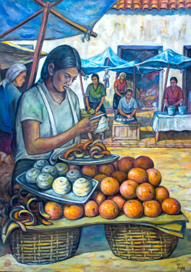 Painting titled "Pelando naranjas" by Payno, Original Artwork, Oil