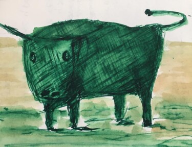 Картина под названием "Toro a medio día (b…" - Rodrigo Payró, Подлинное произведение искусства, Чернила