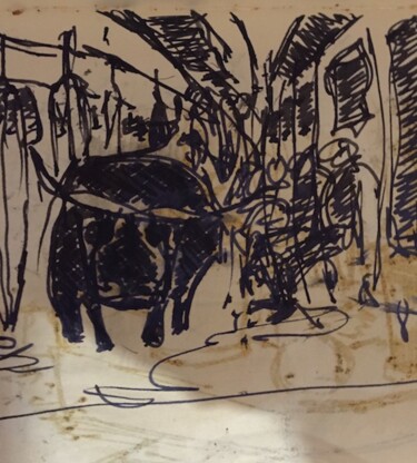 Zeichnungen mit dem Titel "Toro en el Metro de…" von Rodrigo Payró, Original-Kunstwerk, Tinte