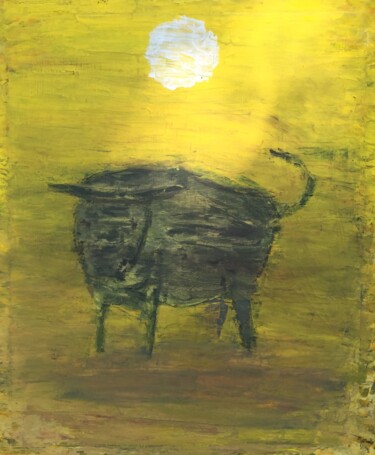Painting titled "Toro en la arena II…" by Rodrigo Payró, Original Artwork, Oil Mounted on Wood Stretcher frame