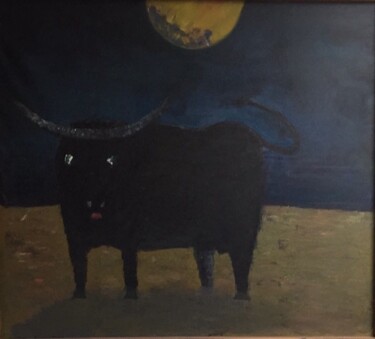 Картина под названием "Toro negro con luna…" - Rodrigo Payró, Подлинное произведение искусства, Масло Установлен на Деревянн…
