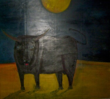 Painting titled "Toro negro con luna…" by Rodrigo Payró, Original Artwork, Oil Mounted on Wood Stretcher frame
