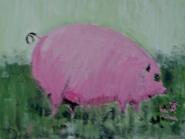 Pintura titulada "Cerdo con flor (Pig…" por Rodrigo Payró, Obra de arte original, Oleo Montado en Bastidor de camilla de mad…