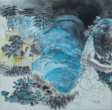 Peinture intitulée "Coulée bleue" par Le Men Ji, Œuvre d'art originale, Encre