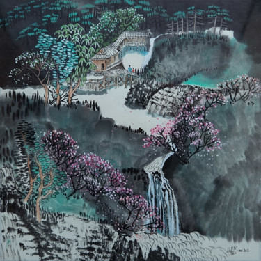 Pintura intitulada "Temple et cerisier…" por Le Men Ji, Obras de arte originais, Tinta