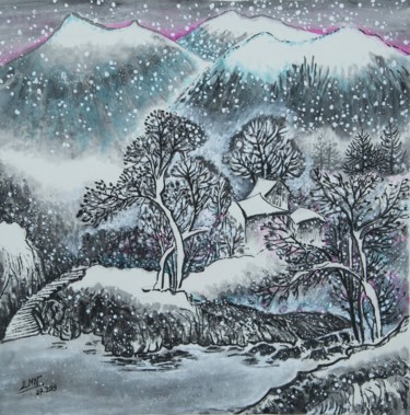 Malerei mit dem Titel "Montagne enneigée" von Le Men Ji, Original-Kunstwerk, Tinte