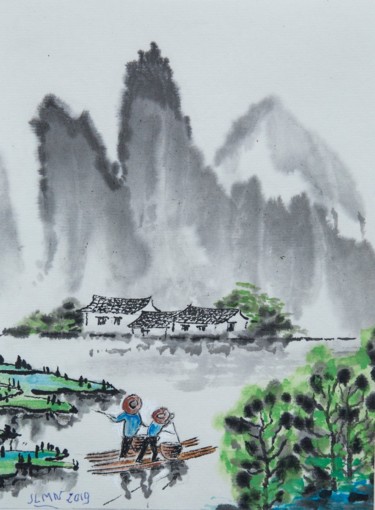 Pintura intitulada "Arrivée au village" por Le Men Ji, Obras de arte originais, Tinta