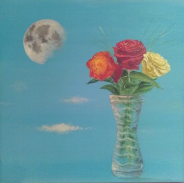 Malerei mit dem Titel "Moon and roses.jpg" von Pascal Boulommier, Original-Kunstwerk, Acryl