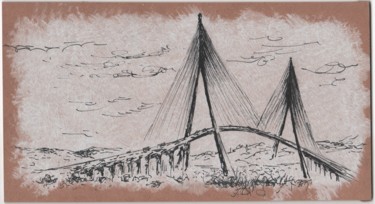 Dessin intitulée "Le Pont de Normandie" par Pascal Boulommier, Œuvre d'art originale, Encre