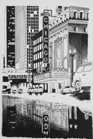Dessin intitulée "Chicago Theatre" par Pedro Bazunga, Œuvre d'art originale, Encre