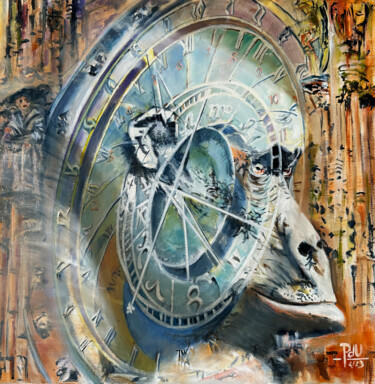 Картина под названием "Horloge simiesque" - Pdu31, Подлинное произведение искусства, Масло