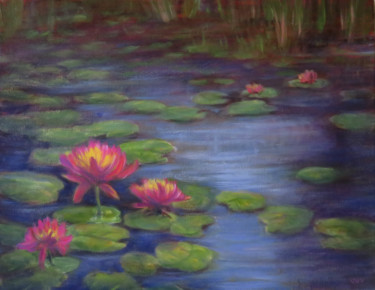Painting titled "Blooming Lilies" by Vicki Van Vynckt, Original Artwork, Acrylic Mounted on Wood Stretcher frame