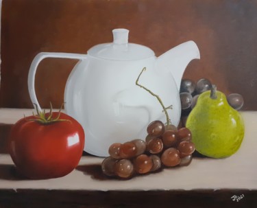 Pintura intitulada "Porcelana com frutas" por Júnior Camargo, Obras de arte originais, Óleo Montado em Painel de madeira