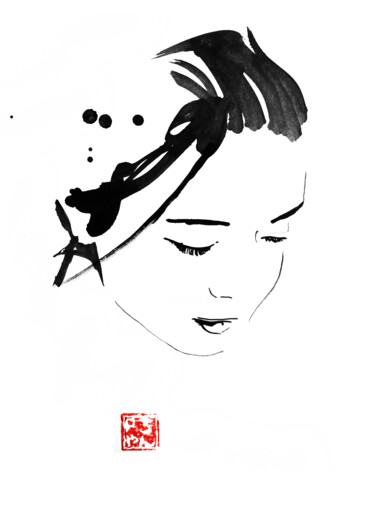 Dessin intitulée "visage japonais" par Péchane, Œuvre d'art originale, Aquarelle