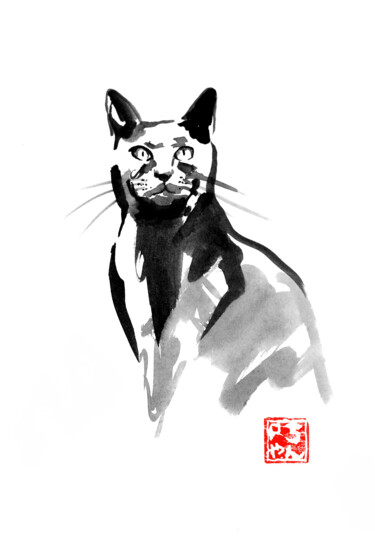 Drawing titled "female cat staring" by Péchane, Original Artwork, Ink