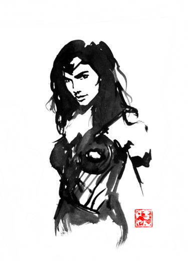 Dessin intitulée "wonder woman" par Péchane, Œuvre d'art originale, Encre