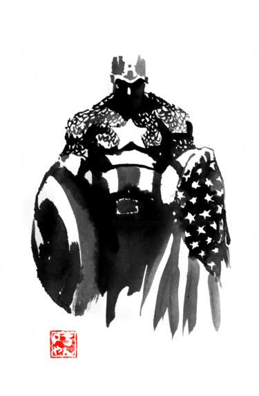 Dessin intitulée "captain america" par Péchane, Œuvre d'art originale, Encre