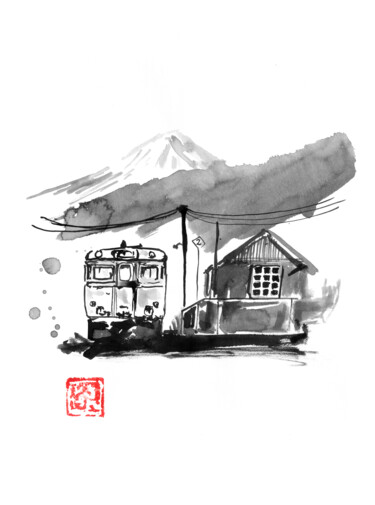 Drawing titled "train station in ja…" by Péchane, Original Artwork, Ink