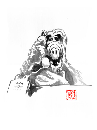 Zeichnungen mit dem Titel "alf at the phone" von Péchane, Original-Kunstwerk, Aquarell