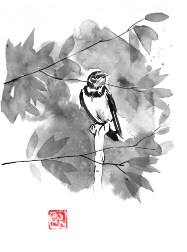 Drawing titled "bird in a tree" by Péchane, Original Artwork, Watercolor