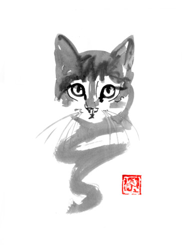 Dibujo titulada "cat line" por Péchane, Obra de arte original, Acuarela