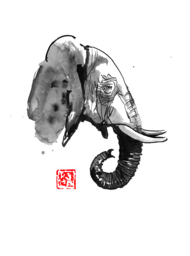 Desenho intitulada "elephant de profil" por Péchane, Obras de arte originais, Aquarela