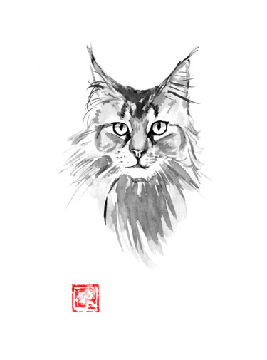 Drawing titled "main coon" by Péchane, Original Artwork, Watercolor