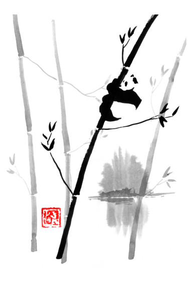 Drawing titled "panda in his tree" by Péchane, Original Artwork, Watercolor