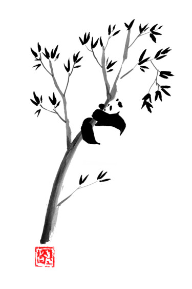 Zeichnungen mit dem Titel "panda in his tree 02" von Péchane, Original-Kunstwerk, Aquarell