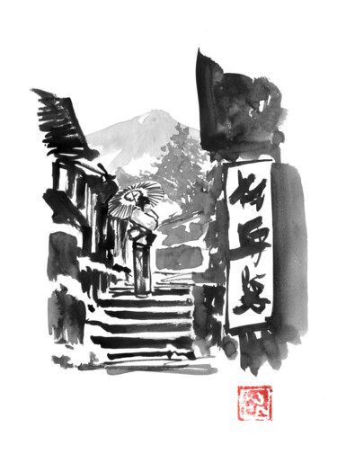 Disegno intitolato "geisha on the stairs" da Péchane, Opera d'arte originale, Acquarello